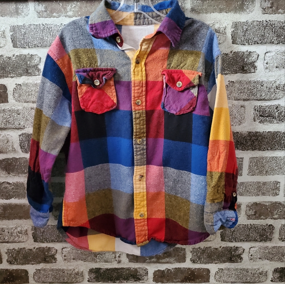 Arizona Jean Co boys multi color button up flannel shirt long sleeves size XL